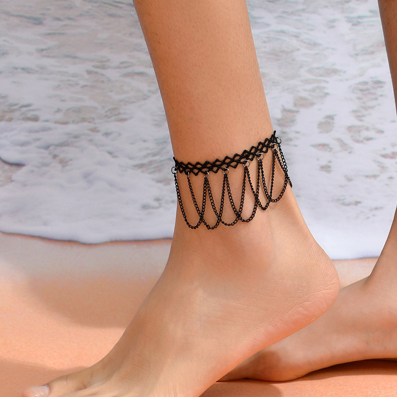 Vintage Black Lace Anklet with Hanging Chain Details
